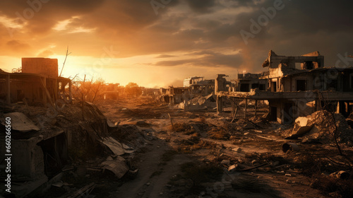 Destroyed town with collapsing structures in war. Generative Ai