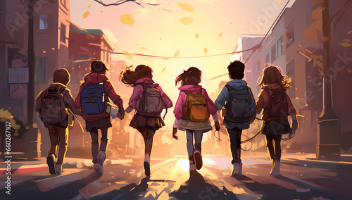 a group of kids with backpacks are walking down the street