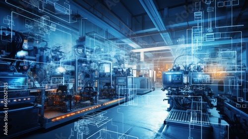 A factory floor with interconnected machines and sensors, exemplifying the implementation of IIoT in manufacturing.