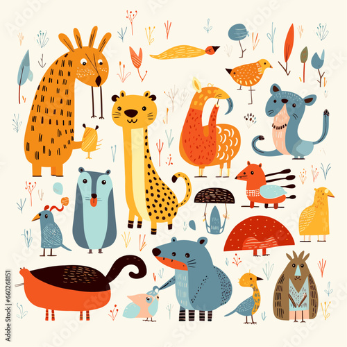 A collection of funny monsters or animals. A set of cute fantasy or fairy tale creatures. Cartoon characters isolated on background. Bright color children vector illustration in flat style