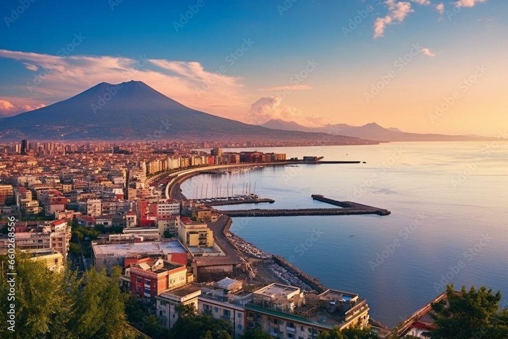 Obraz premium A summer sunrise panorama in Naples (Napoli), Italy's province of Campania. Generative AI
