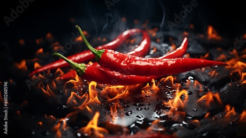 Red hot chilli peppers on fire burning on dark background