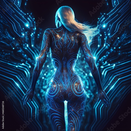 beautiful blonde woman in a skintight swimming suit with intricate patterns in blue and black fullbody shot fullbody pose toned legs perfect legs zooming through the multiverse with glowing streaks  photo