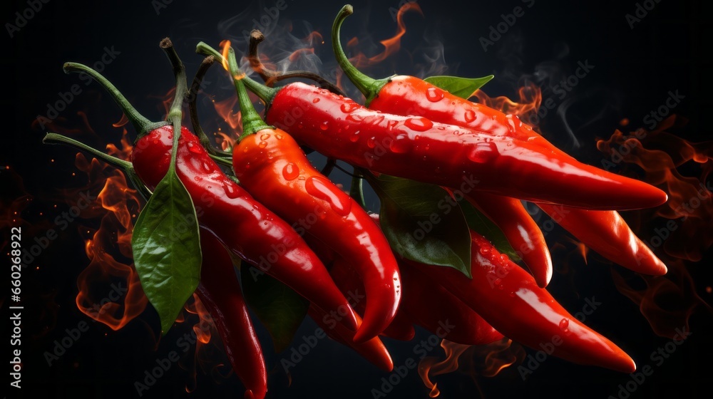 Red hot chilli peppers on fire burning on dark background