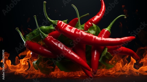 Red hot chilli peppers on fire burning on dark background