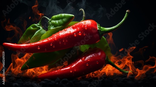 Red hot chilli peppers on fire burning on dark background