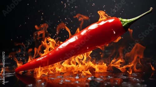 Red hot chilli peppers on fire burning on dark background