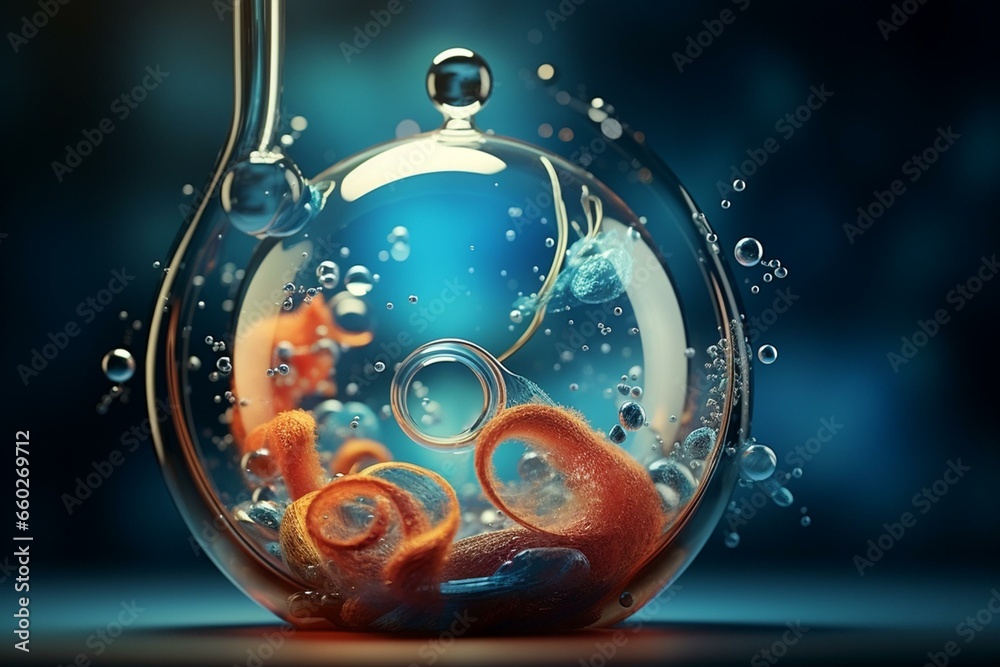 3D essence in liquid bubble with molecule and DNA water splash. Generative AI