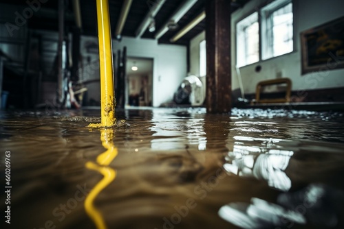Tela Cleaning flooded basement with deep water using a mop, repairing water damage caused by rain, snowmelt, or pipe burst