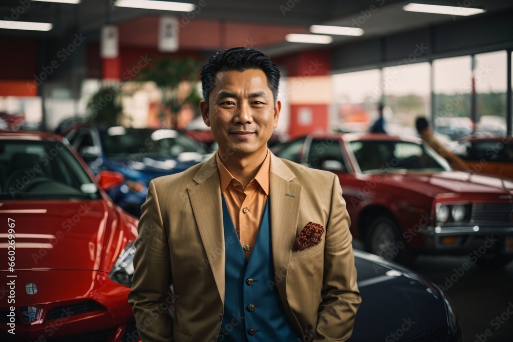 Portrait of asian dealer man at dealership. Generative Ai. Portrait of asian dealer man at dealership. Generative Ai.