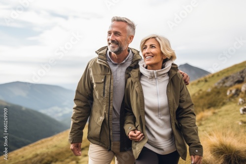 Senior couple admiring the scenic Pacific coast while hiking, filled with wonder at the beauty of nature during their active retirement. Exploring the great outdoors in the mountains, active lifestyle photo