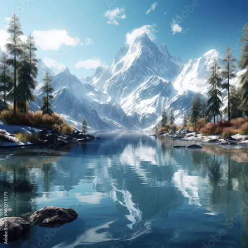 Mountain landscape with snow-capped peaks, lake with reflection of mountains and forest