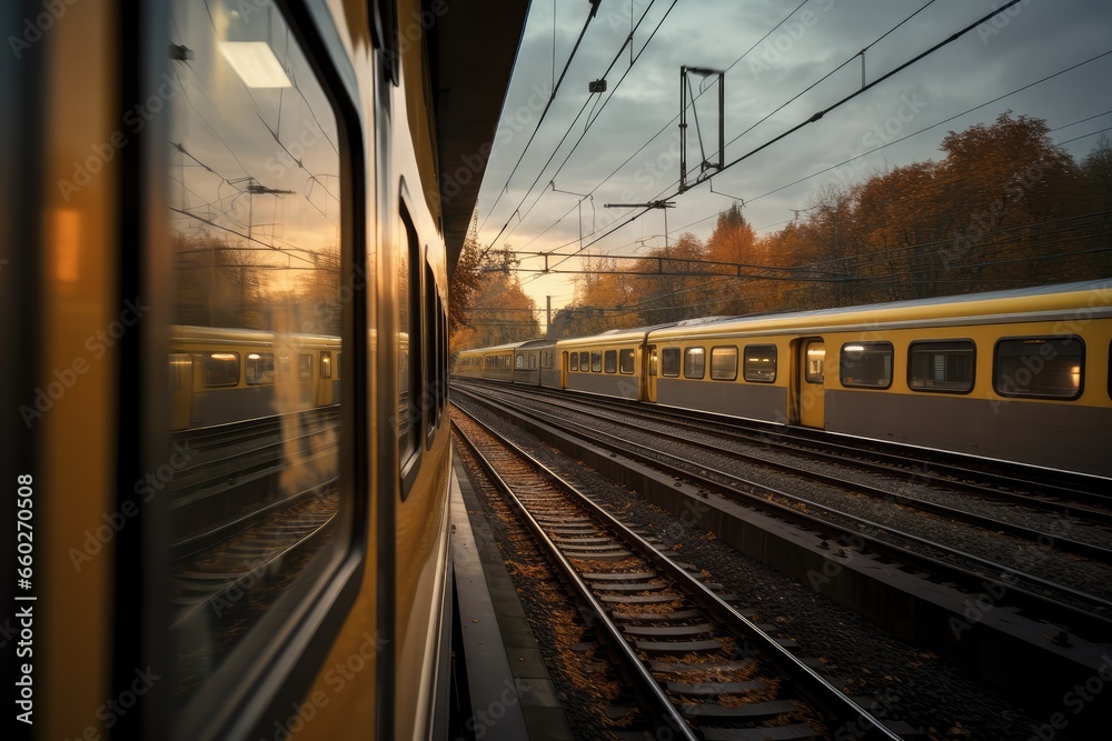 Obraz premium View of mountains, forest, green landscape from the train window. Rail travel concept