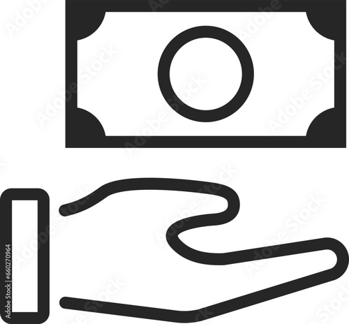 手の上にある、紙幣のアイコン（線画）のイラスト