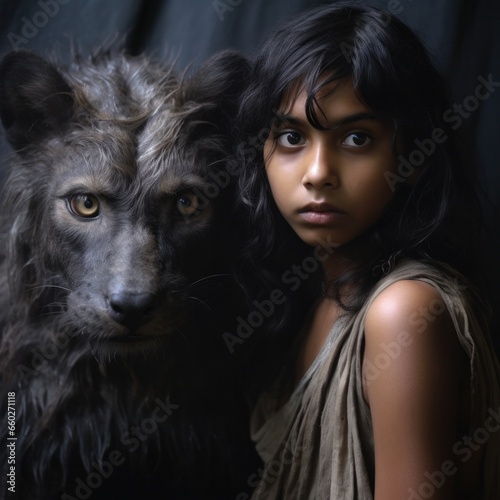 A fierce and untamed girl, draped in a shroud of fur, gazes into the darkness with piercing eyes, embodying the raw power and mystique of a wolf, as she strikes a pose that exudes both strength and s