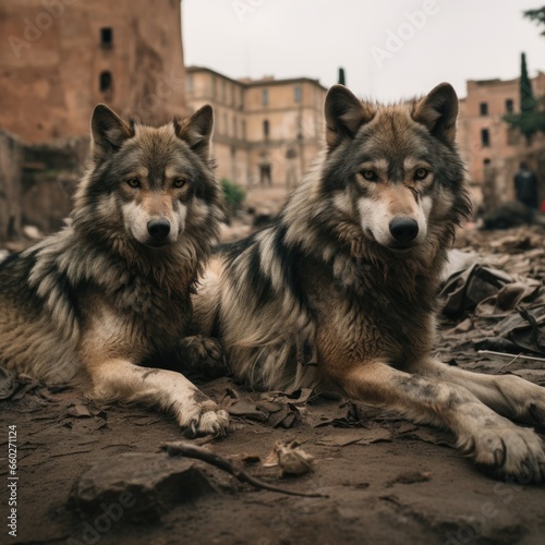 Amidst the rugged outdoors  a wolfdog and his wild canine companion lie peacefully on the ground  embodying the untamed spirit of the animal kingdom