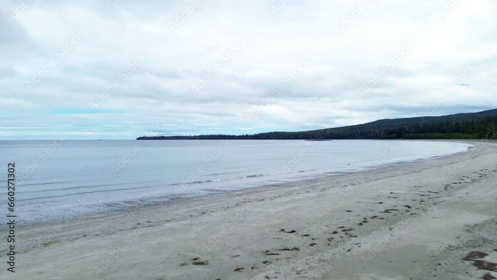 Panoramic Views Over Sandy Shores at Grey Bay Beach in BC, Canada, Aerial Drone Shot. Panoramic Views Over Sandy Shores at Grey Bay Beach in BC, Canada, Aerial Drone Shot.