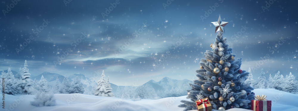 A beautifully decorated Christmas tree surrounded by presents in a snowy landscape
