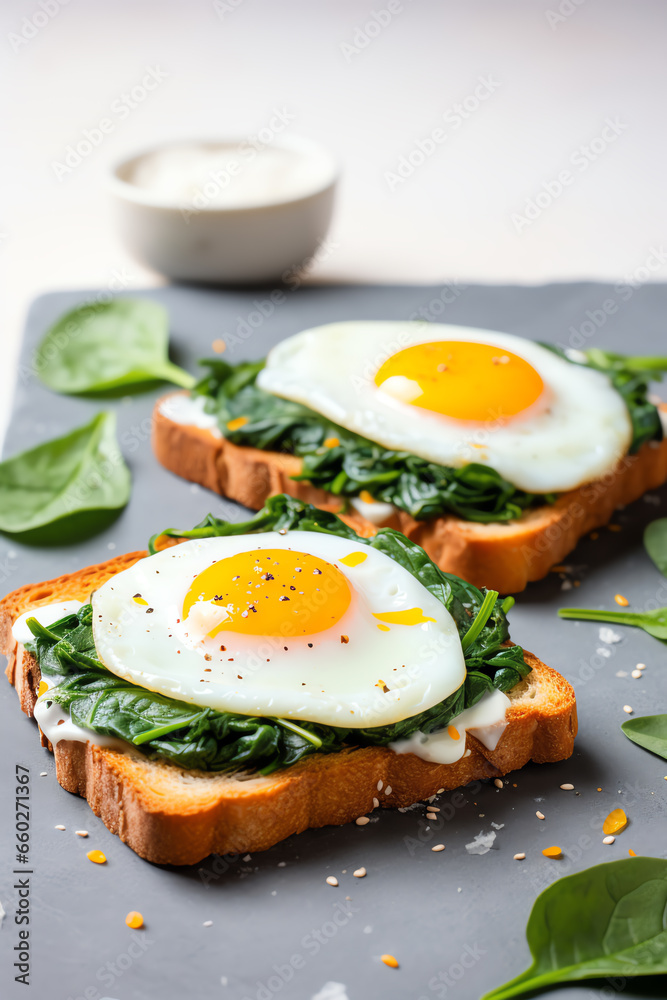 Two eggs on toast with spinach Two eggs on toast with spinach