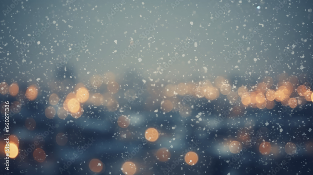 Beautiful blurred of festive night or evening city with snowfall and Christmas lights. Abstract Christmas defocused background. Beautiful blurred of festive night or evening city with snowfall and Christmas lights. Abstract Christmas defocused background.