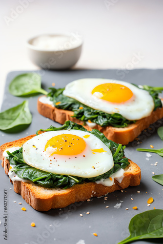 Two eggs on toast with spinach