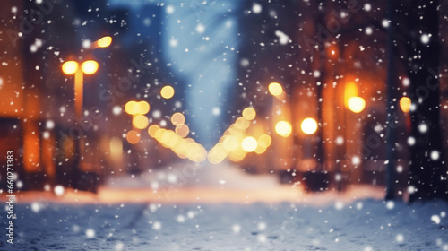 Beautiful blurred street of festive night or evening city with snowfall and Christmas lights. Abstract christmas defocused background. © GustavsMD