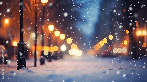 Beautiful blurred street of festive night or evening city with snowfall and Christmas lights. Abstract christmas defocused background.