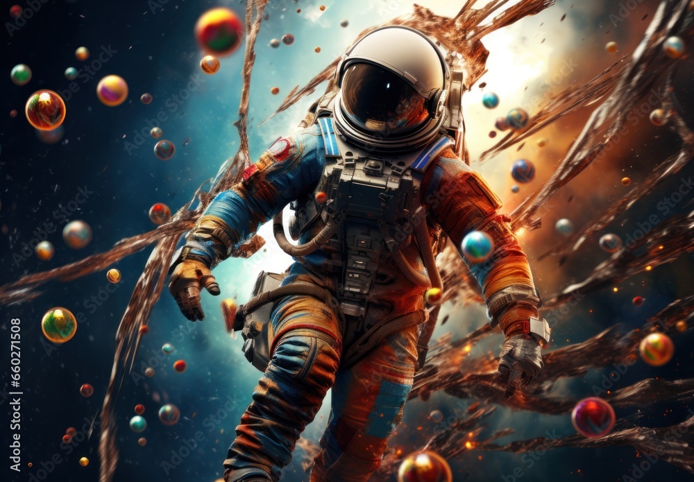 Fototapeta premium A daring astronaut races through the vastness of space, fueled by determination and the thrill of exploration