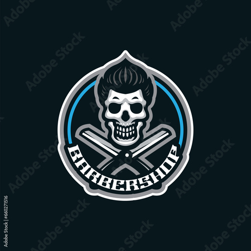 Barbershop mascot logo design vector with modern illustration concept style for badge, emblem and t shirt printing. Skull and blade illustration for barbershop logo.