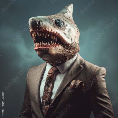 A fierce businessman prowls the concrete jungle, his sharp fangs bared beneath a tyrannosaurus-inspired mask, embodying the animalistic drive of success © mockupzord