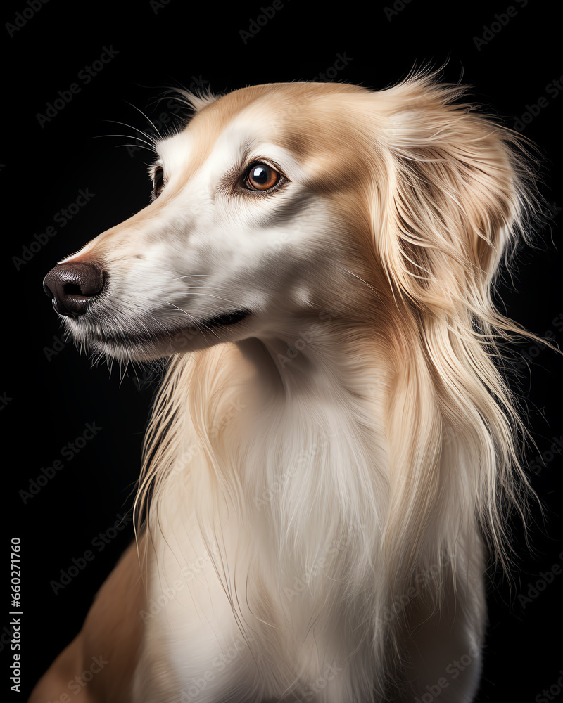 A dog in a captivating close-up, set against a sleek black background A dog in a captivating close-up, set against a sleek black background