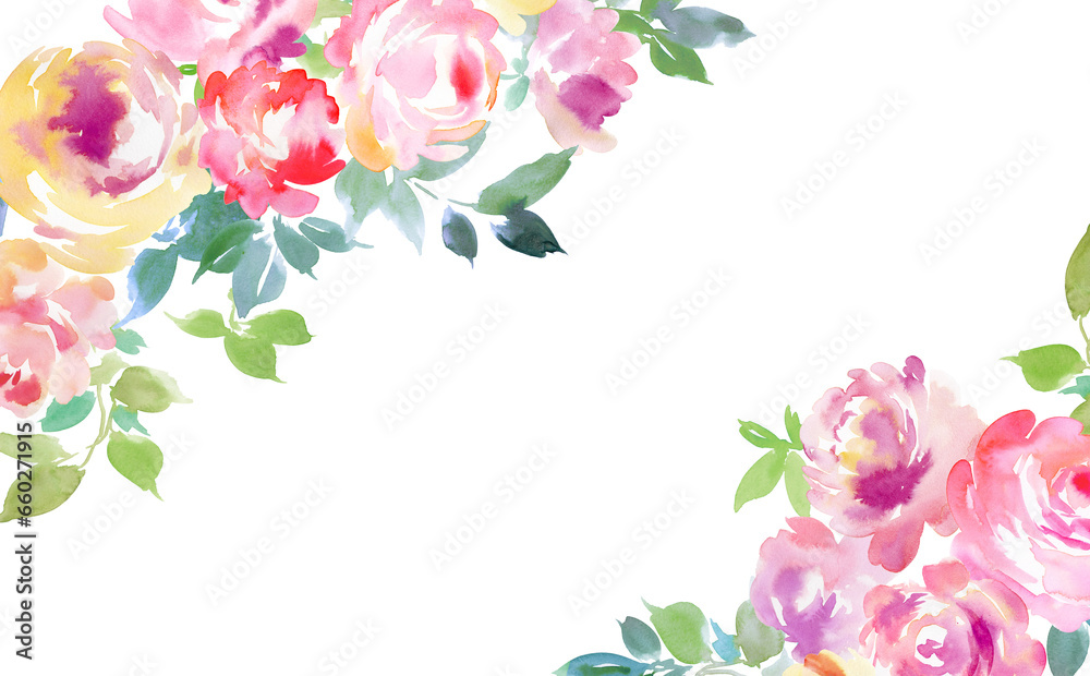 水彩で描いたカラフルなバラや草花の背景イラスト