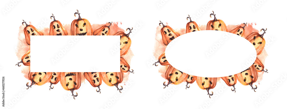Happy Halloween pumpkin scary face. Square and oval frame, banner set with orange watercolor stains. Autumn watercolor illustration hand painting on white background Halloween celebration cards, flyer Happy Halloween pumpkin scary face. Square and oval frame, banner set with orange watercolor stains. Autumn watercolor illustration hand painting on white background Halloween celebration cards, flyer
