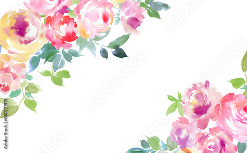 Fototapeta Naklejka Na Ścianę i Meble -  水彩で描いたカラフルなバラや草花の背景イラスト