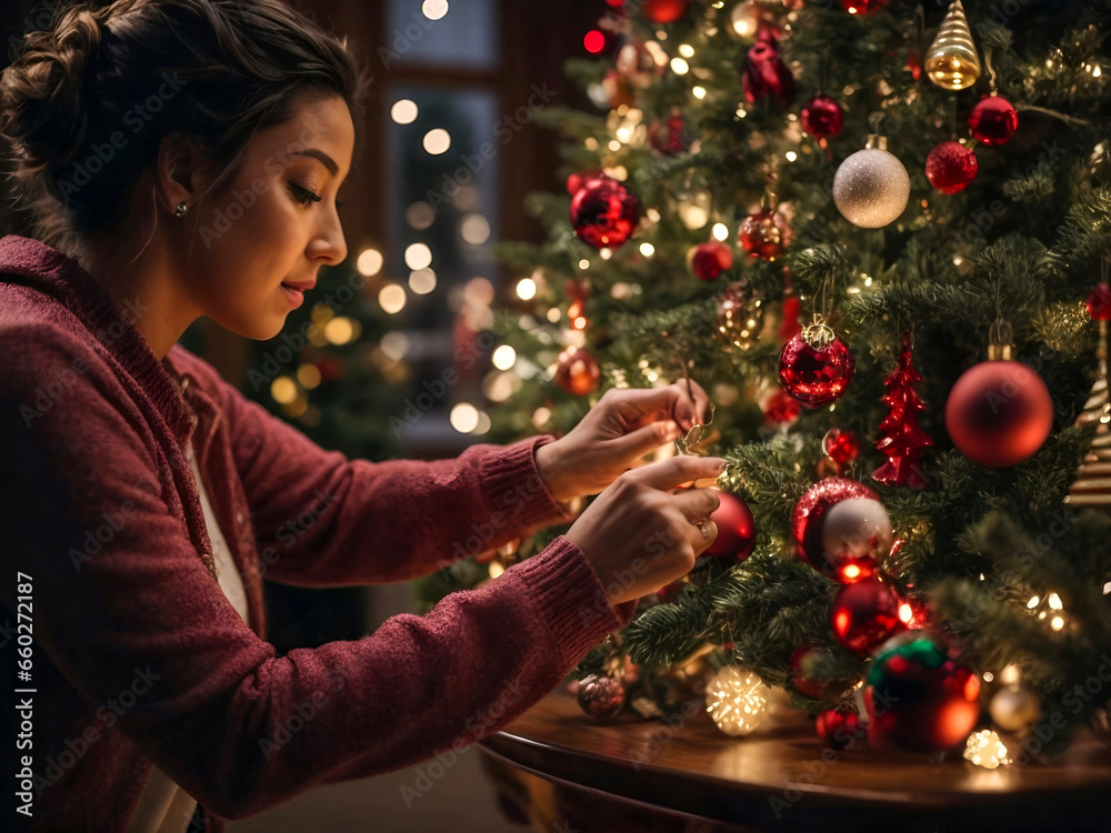 A hands on shot of someone decorating a Christmas tree with ornaments and lights A hands on shot of someone decorating a Christmas tree with ornaments and lights