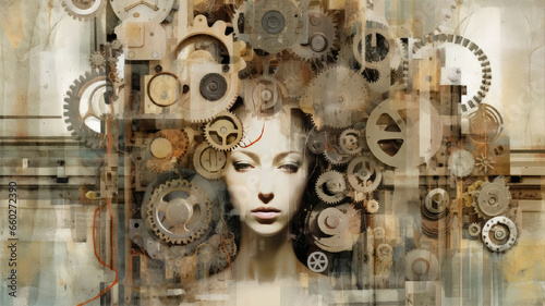 An abstract photograph of steampunk models surrounded by gears and other gadgets