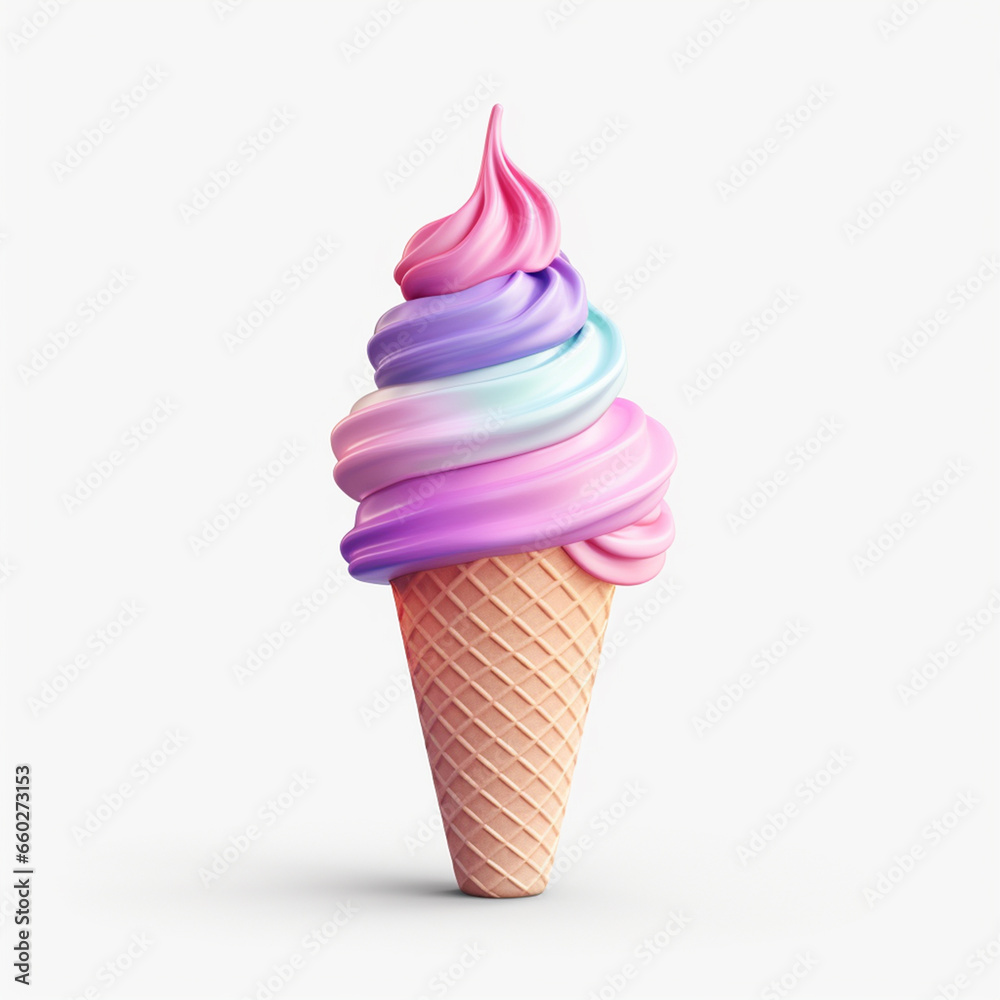 Ice cream bright color on waffle cone 3d icon. Realistic soft milk dessert . Digital illustration for artwork design on neutral background Ice cream bright color on waffle cone 3d icon. Realistic soft milk dessert . Digital illustration for artwork design on neutral background