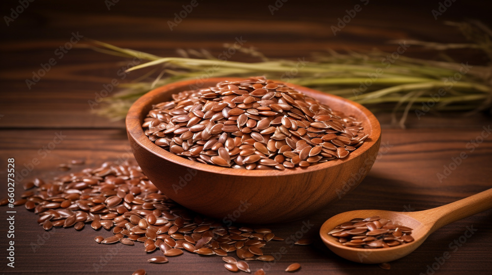 Natural Flaxseeds on Wood Background with Copy Space Natural Flaxseeds on Wood Background with Copy Space