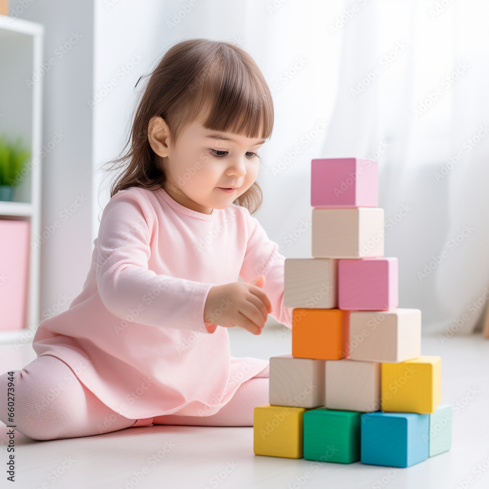 On a white background, a girl builds a tower from cubes, a girl plays with cubes, a beautiful little girl On a white background, a girl builds a tower from cubes, a girl plays with cubes, a beautiful little girl