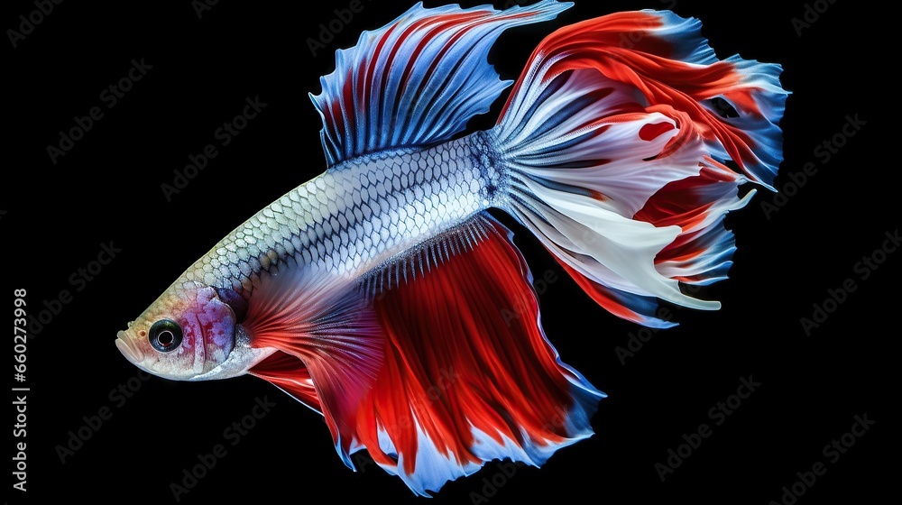 Fototapeta premium Small fish, Siamese fighting fish, Red fighting fish isolated on black background .Generative AI