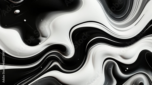 Liquid Swirls in Beautiful Black and White colors, with White Particles. Elegant Marbling Background.