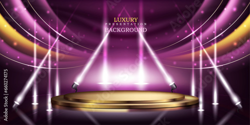 royal award presentation luxury geometric creative background design with lights rays, modern lights showroom with golden color cylindrical podium.