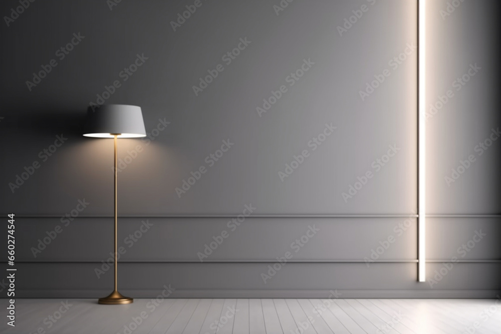 Gray empty wall with built-in lighting and floor lamp, Modern stylish neutral background for presentation