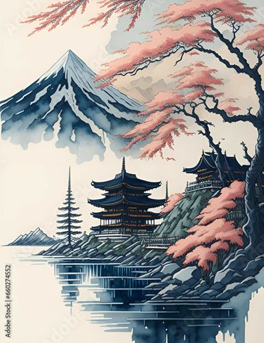 Japanese Landscape with Mount Fuji, Pagoda and Cherry Blossoms – Serene Traditional Illustration