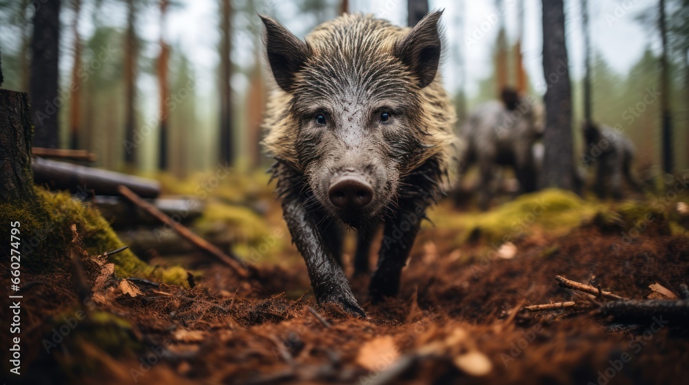 Close - up portrait of a wild boar in a clearing in the forest Close - up portrait of a wild boar in a clearing in the forest
