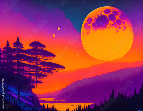 Vibrant Sunset Landscape with Full Moon and Pine Trees – Dramatic Night Sky Illustration
