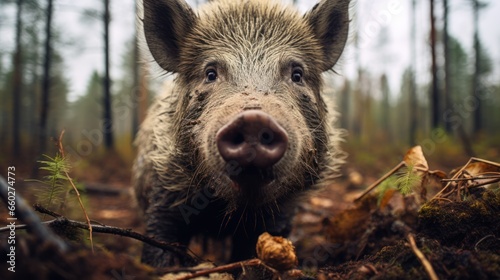 Close - up portrait of a wild boar in a clearing in the forest photo