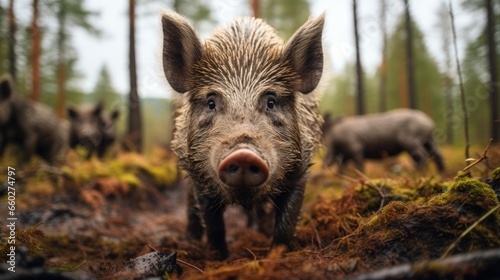 Close - up portrait of a wild boar in a clearing in the forest © sirisakboakaew