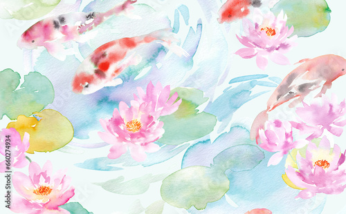 Cuadro en lienzo 彩で描いた鯉と睡蓮、水面のイラスト