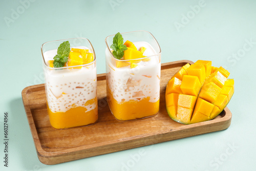 Mango Sago Dessert is Made from  Puree Mango, Sago Pearl, and Coconut Milk top with Sliced Mango.